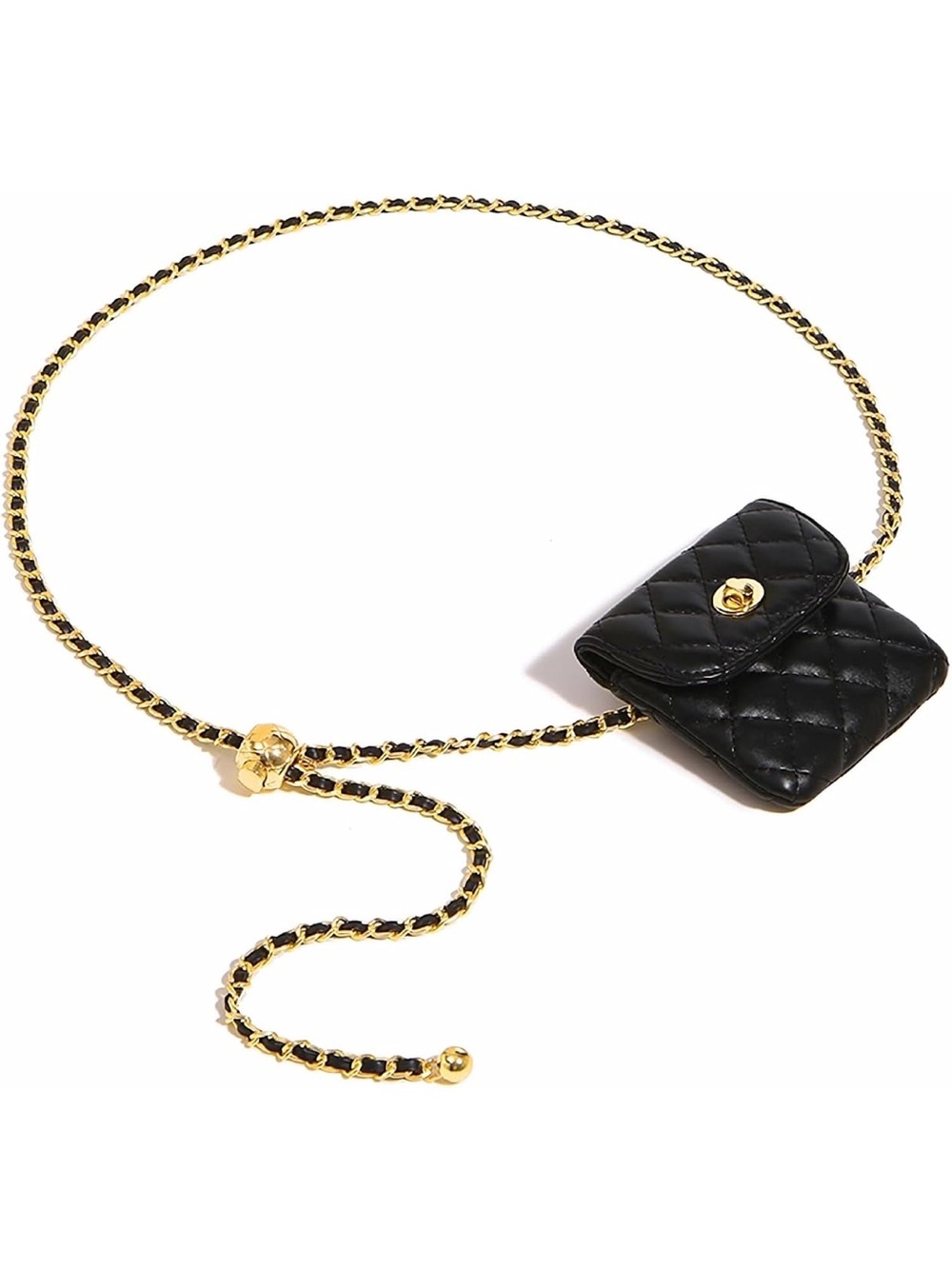 Black Quilted Mini Belt Bag with Gold Chain